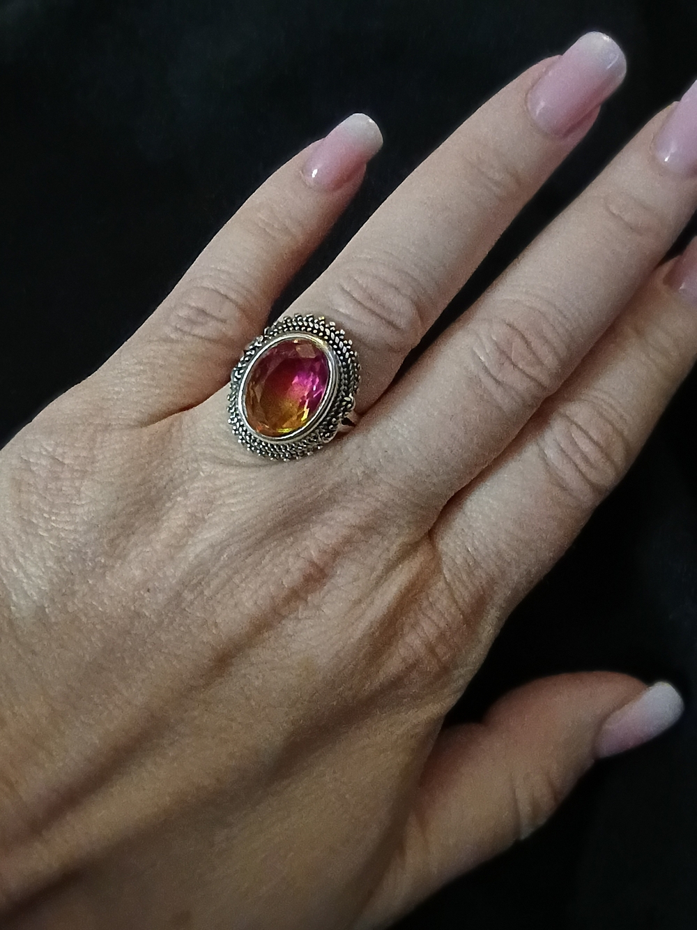 Silver Pink-Orange Gradient Gemstone Ring